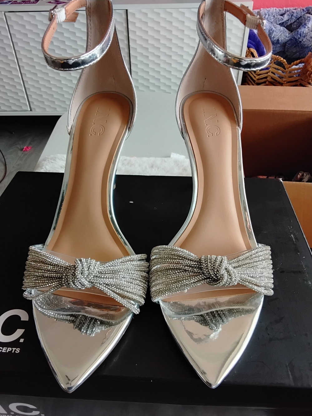 INC International Concepts Silver Knotted Ankle-Strap Pointed Toe Heels